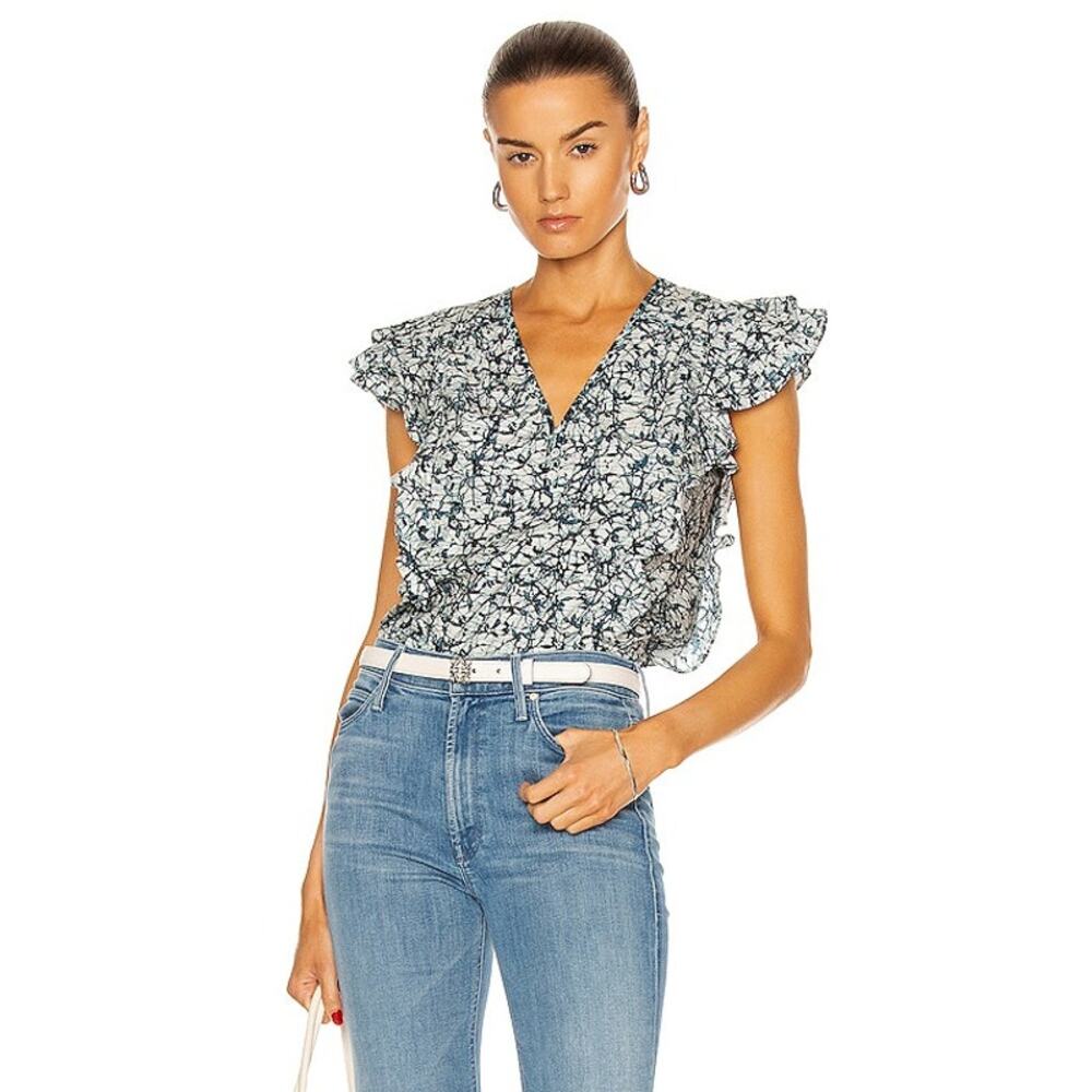 Veronica Beard Joi Abstract Print Flutter Sleeve Blouse in Navy Blue size 12